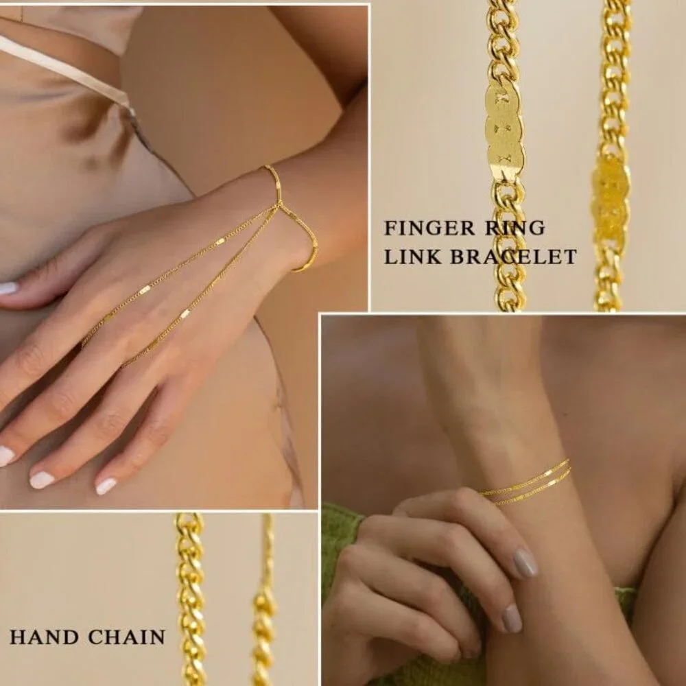 Dainty 14K Gold Plated Hand Chain Bracelet Women Layered Ring Jewelry